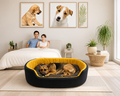 CrownPaws™ Plush Dog Sofa Bed – Black & Yellow