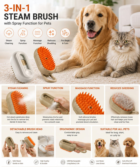 3-in-1 Pet Steam Grooming Brush for Dogs & Cats | Mist Spray, Massage & De-Shedding Comb
