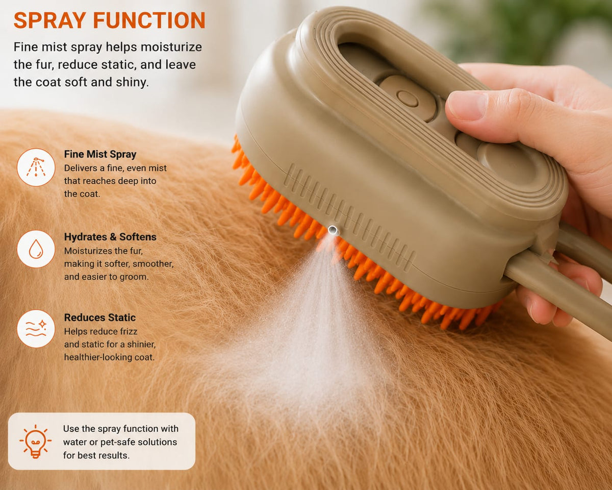 3-in-1 Pet Steam Grooming Brush for Dogs & Cats | Mist Spray, Massage & De-Shedding Comb