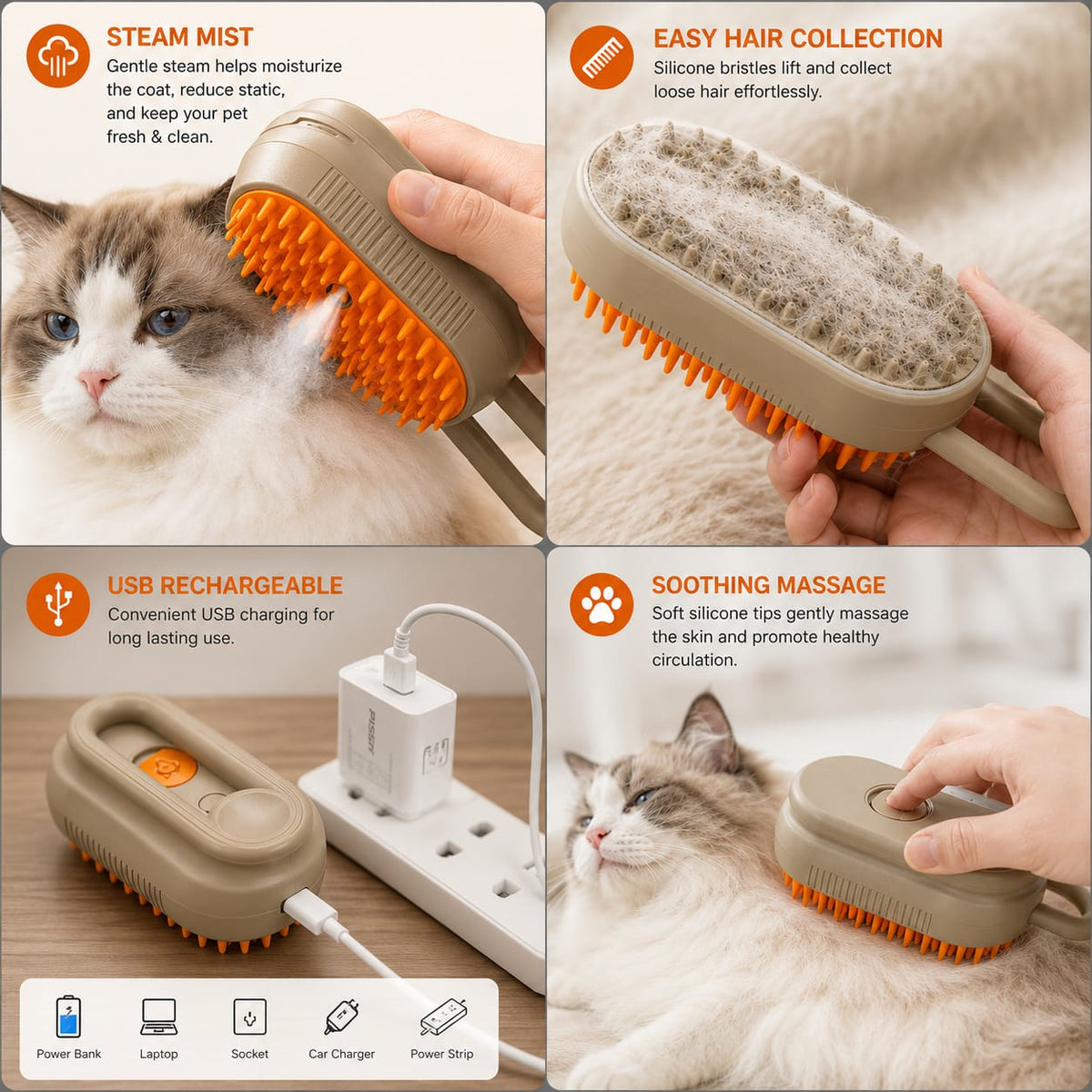 3-in-1 Pet Steam Grooming Brush for Dogs & Cats | Mist Spray, Massage & De-Shedding Comb