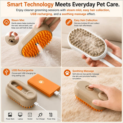 3-in-1 Pet Steam Grooming Brush for Dogs & Cats | Mist Spray, Massage & De-Shedding Comb