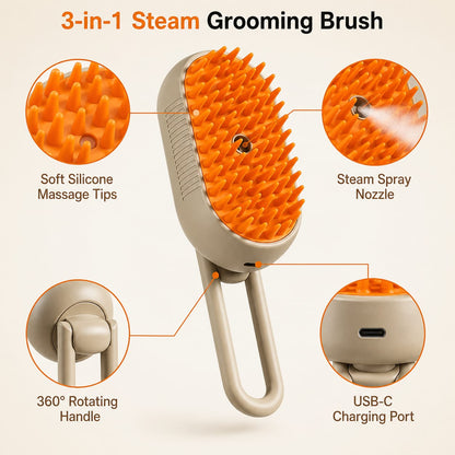 3-in-1 Pet Steam Grooming Brush for Dogs & Cats | Mist Spray, Massage & De-Shedding Comb